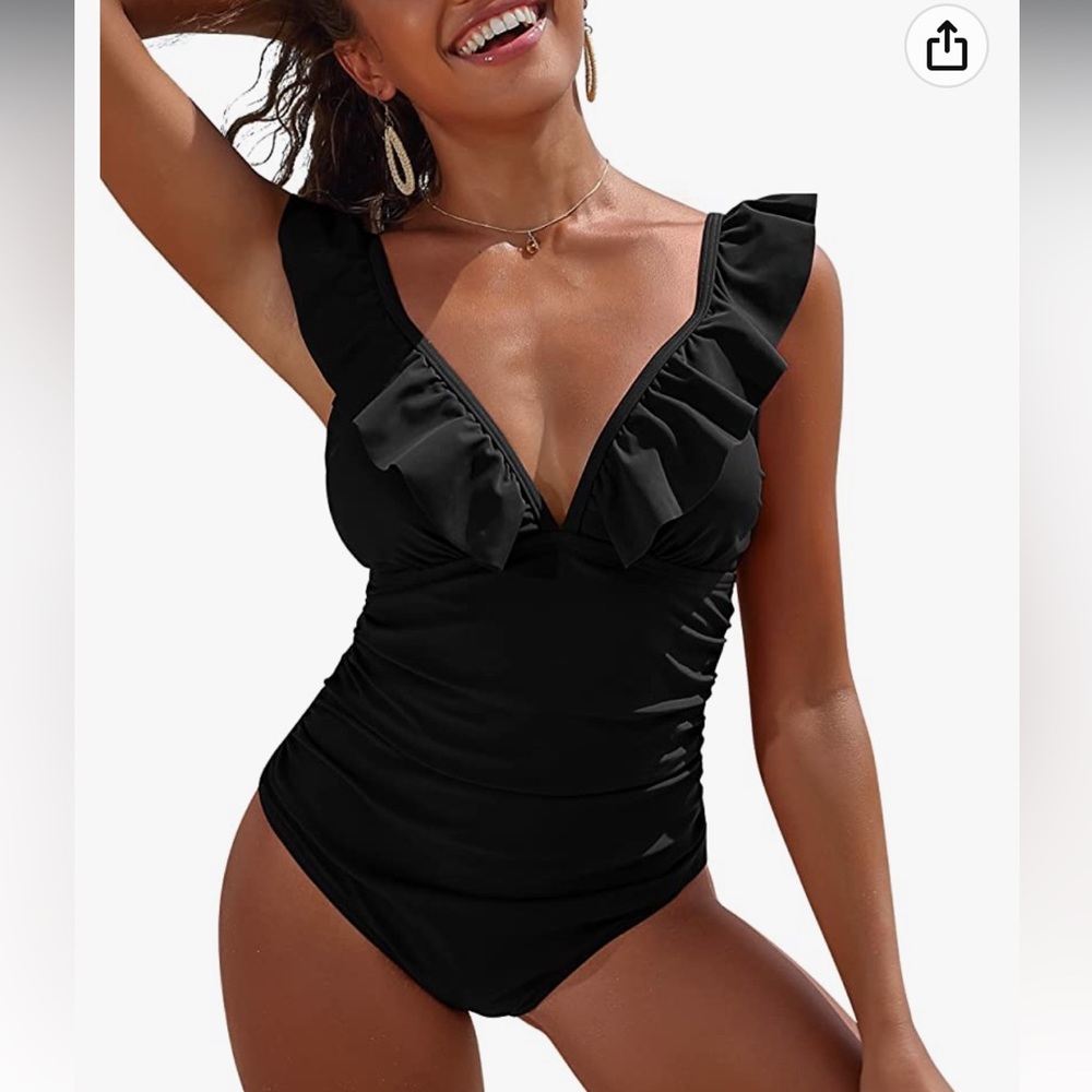 Ruffle One Piece Swimsuits  V Neck Ruched Tummy Control Bathing Suits High Cut